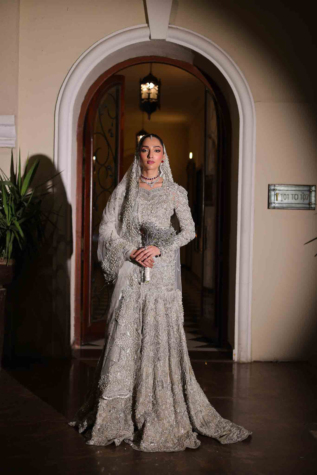 Icy Silver Pakistani Bridal Outfit with Pearl and Sequin Embroide