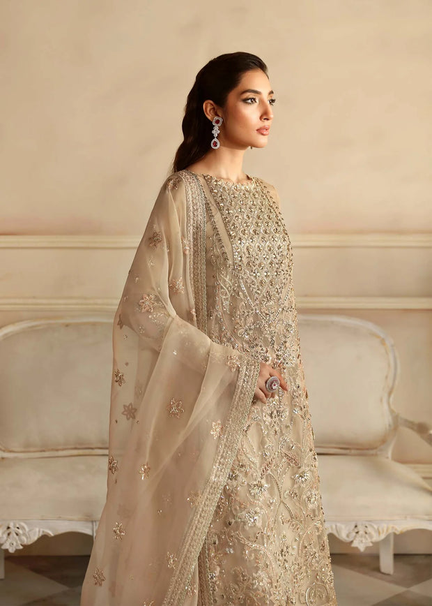 Embroidered Pakistani Wedding Dress in Beige Color