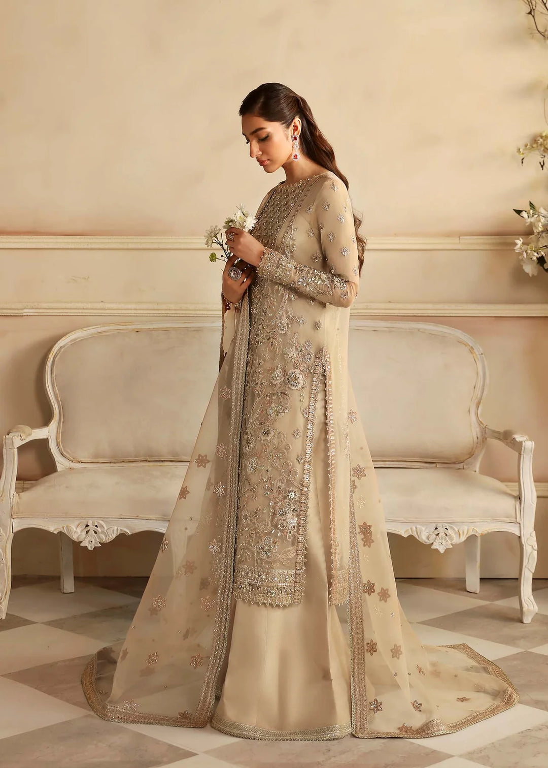 Embroidered Pakistani Wedding Dress in Beige Color Medium