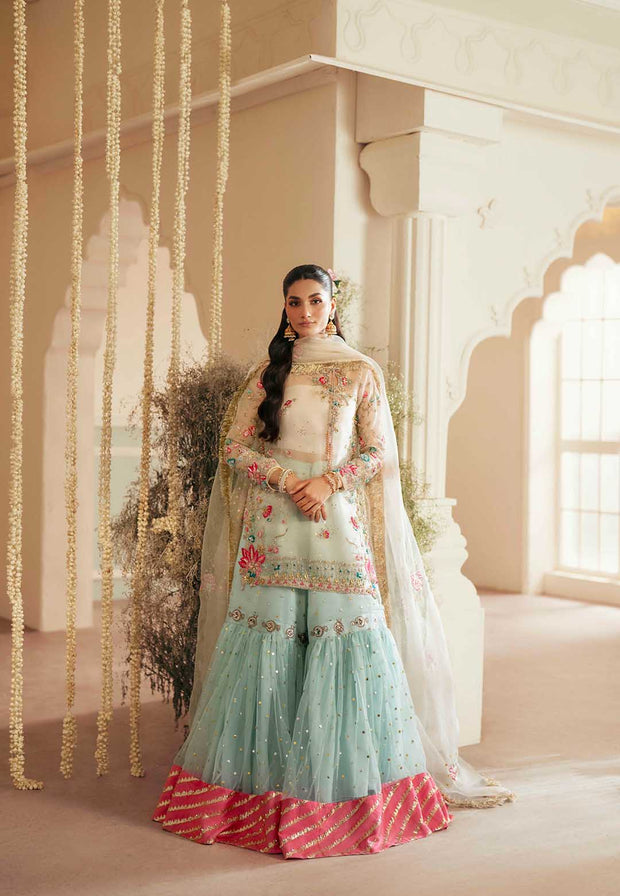 Pakistani Designer Bridal Dress in Off White & Ferozi