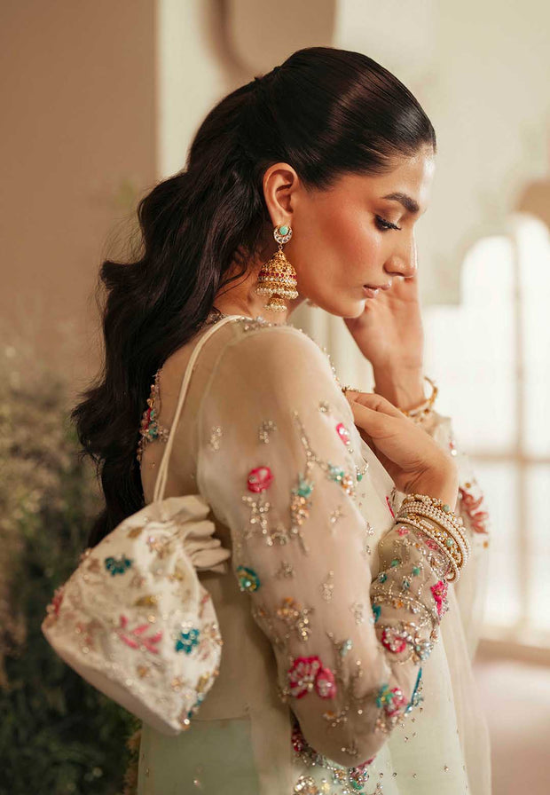 Pakistani Designer Bridal Dress in Off White & Ferozi