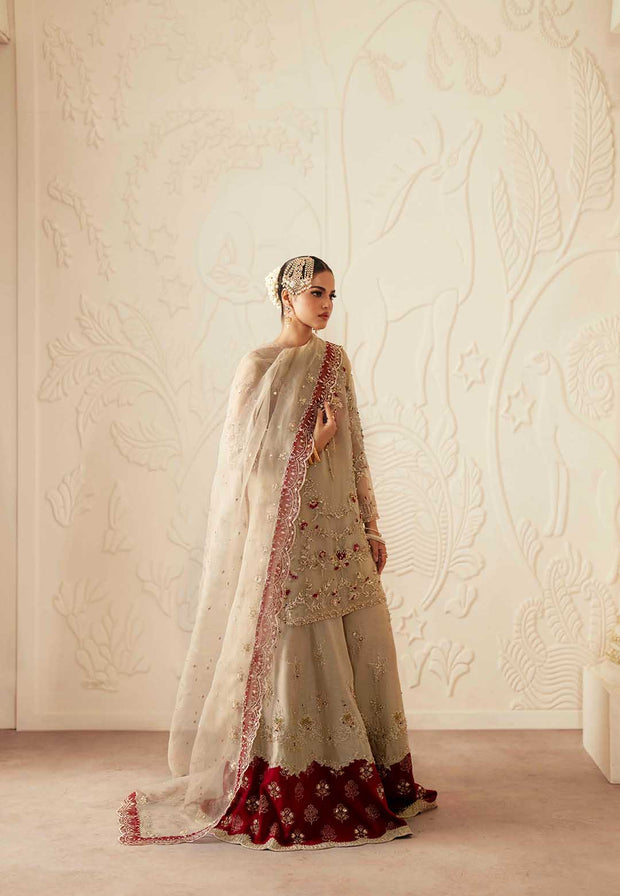 Pakistani Designer Bridal Dress in Maroon Organza and Silk