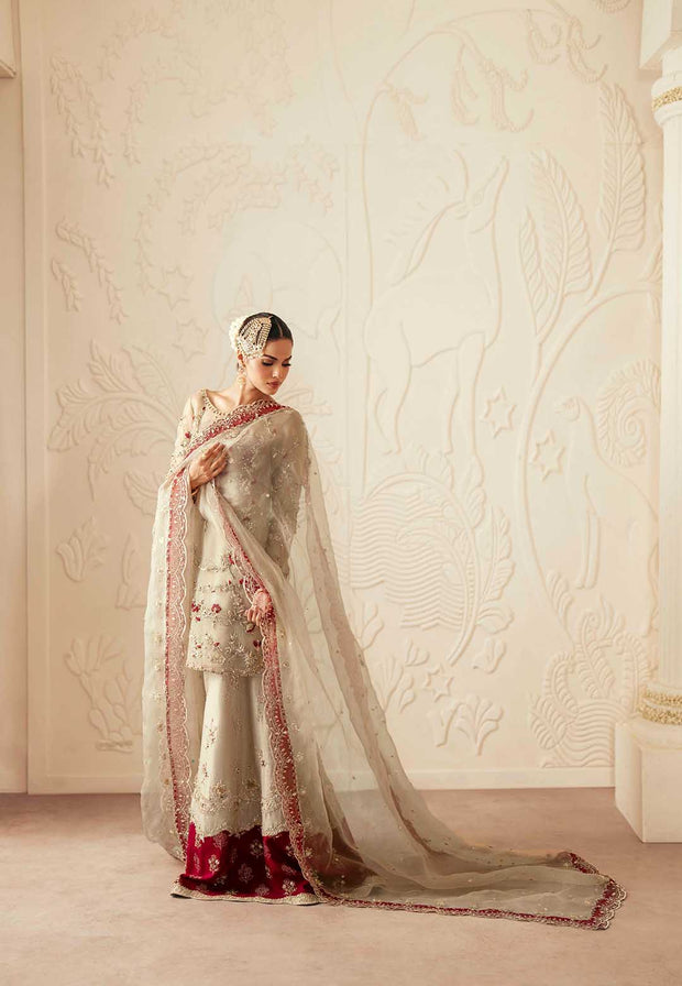 Pakistani Designer Bridal Dress in Maroon Organza and Silk