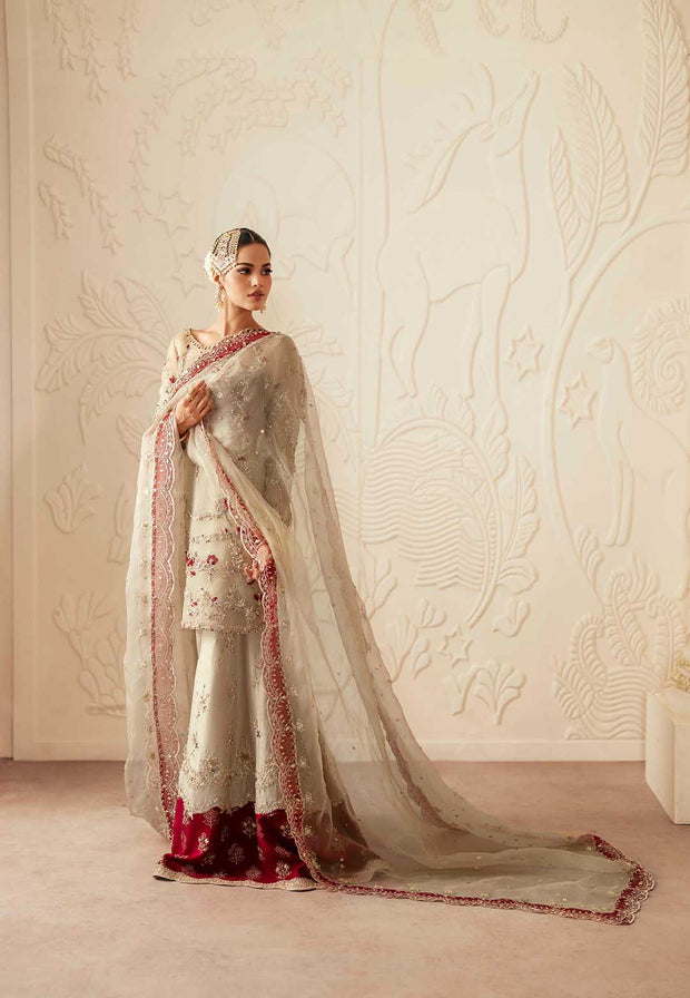 Pakistani Designer Bridal Dress in Maroon Organza and Silk