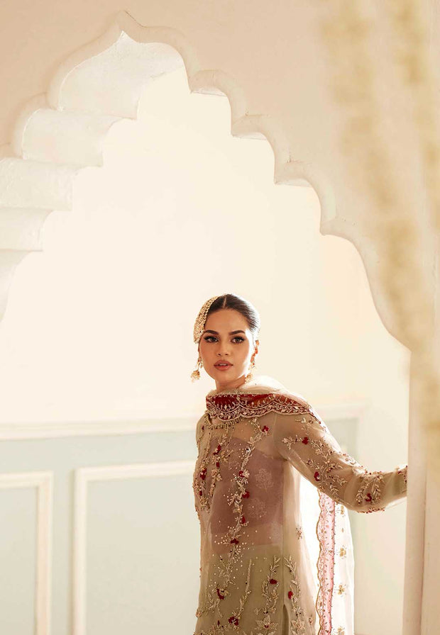 Pakistani Designer Bridal Dress in Maroon Organza and Silk