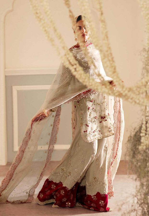 Pakistani Designer Bridal Dress in Maroon Organza and Silk