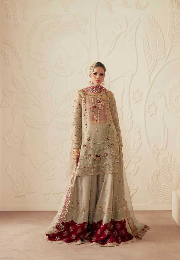 Pakistani Designer Bridal Dress in Maroon Organza and Silk