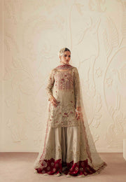Pakistani Designer Bridal Dress in Maroon Organza and Silk