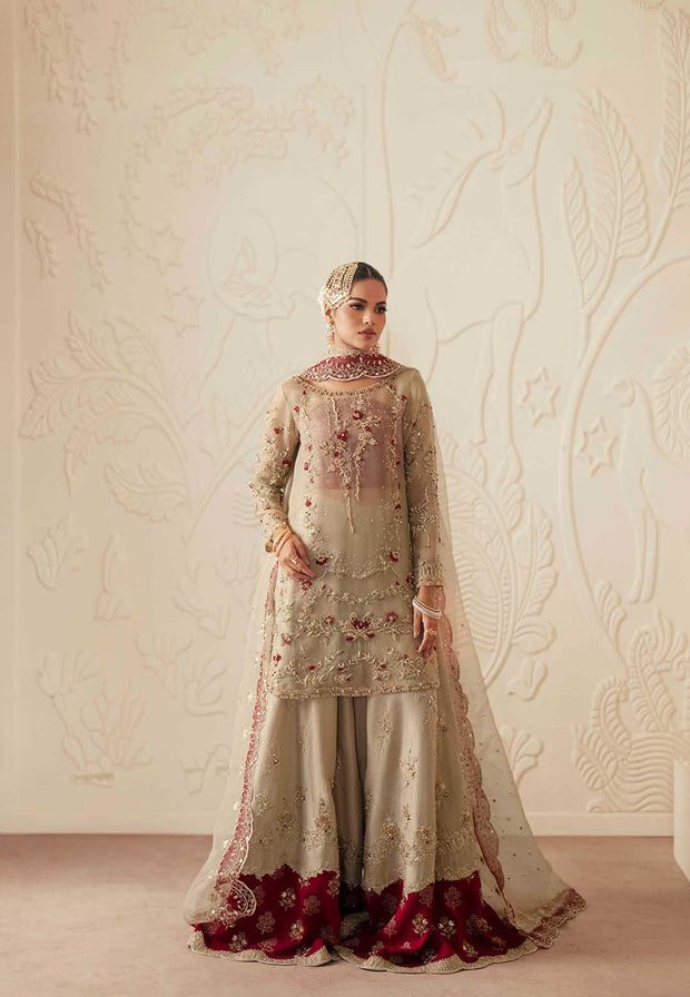 Pakistani Designer Bridal Dress in Maroon Organza and Silk