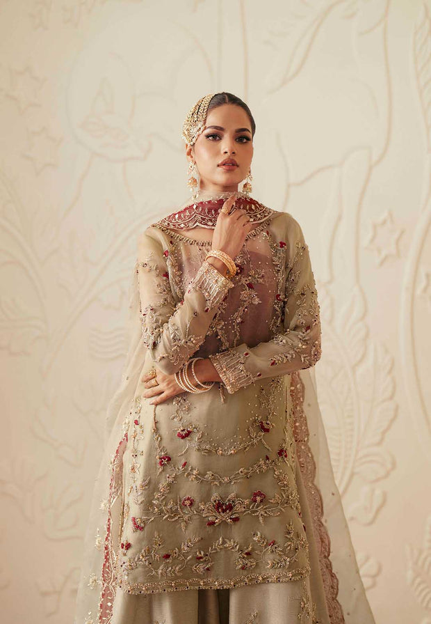 Pakistani Designer Bridal Dress in Maroon Organza and Silk