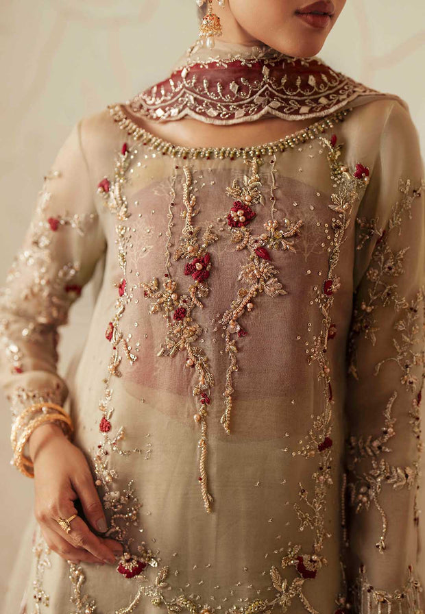 Pakistani Designer Bridal Dress in Maroon Organza and Silk