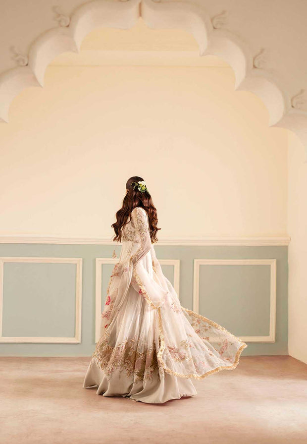 Elegant Ivory Net Pakistani Bridal Dress with Organza Details