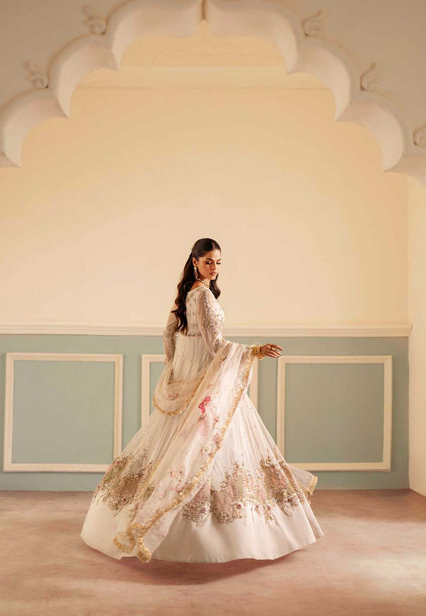 Elegant Ivory Net Pakistani Bridal Dress with Organza Details