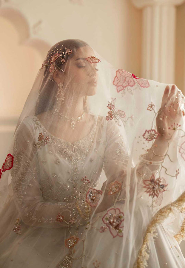 Elegant Ivory Net Pakistani Bridal Dress with Organza Details