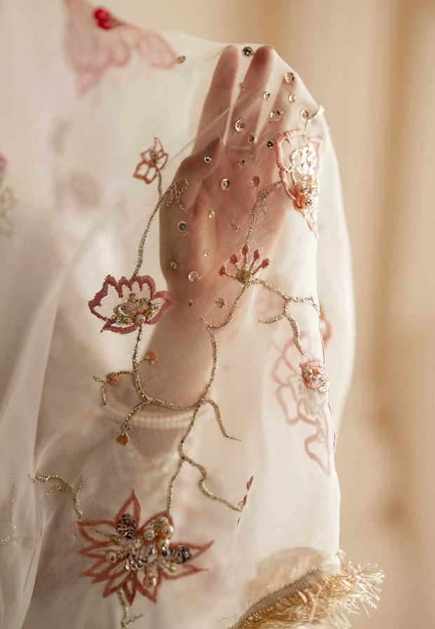 Elegant Ivory Net Pakistani Bridal Dress with Organza Details