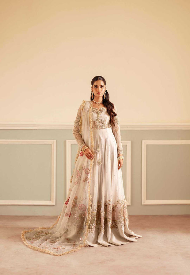 Elegant Ivory Net Pakistani Bridal Dress with Organza Details