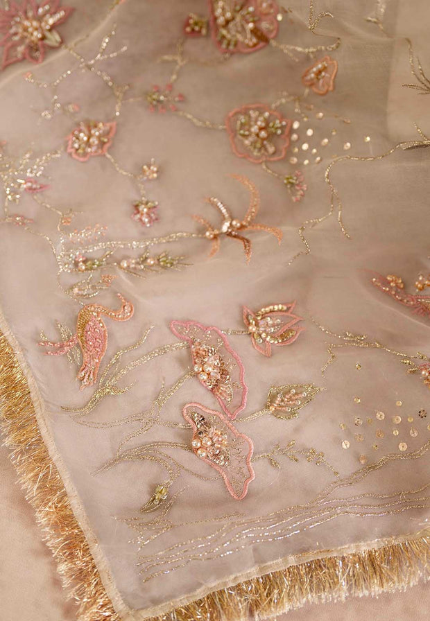 Elegant Ivory Net Pakistani Bridal Dress with Organza Details