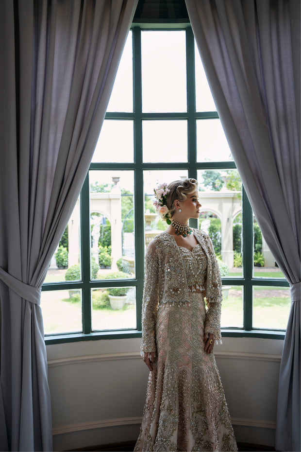 Champagne Pakistani Bridal Outfit with Intricate Embroidery