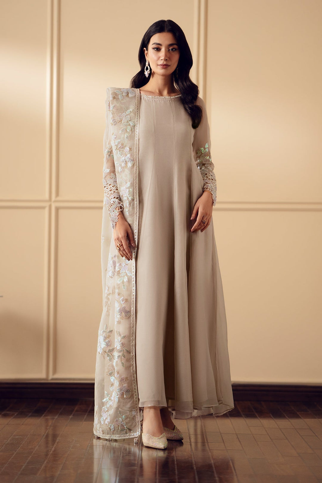 Ivory Embroidered Chiffon Shirt Set
