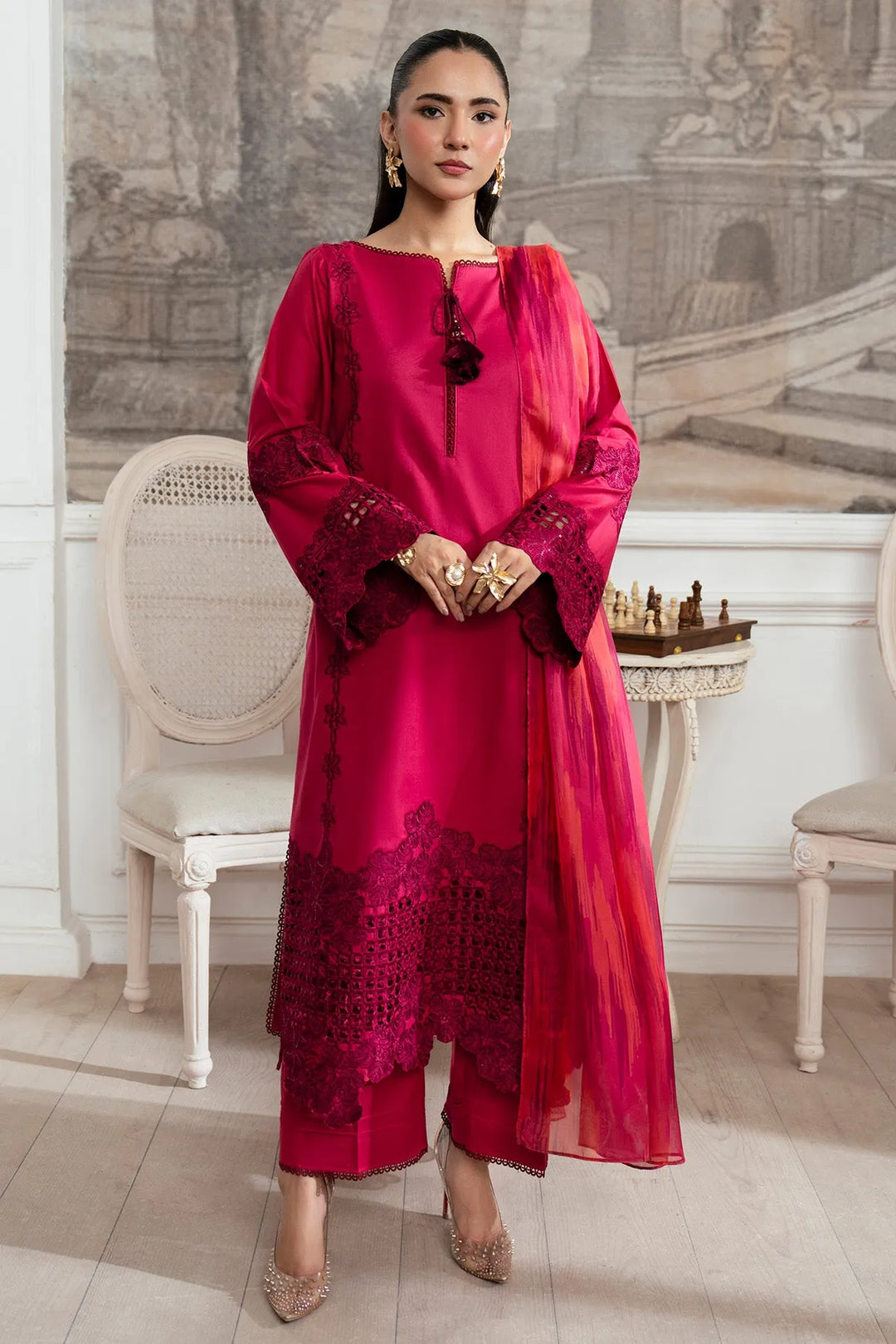 Embroidered Cotton Shirt And Trouser Set With Dupatta 98Aa