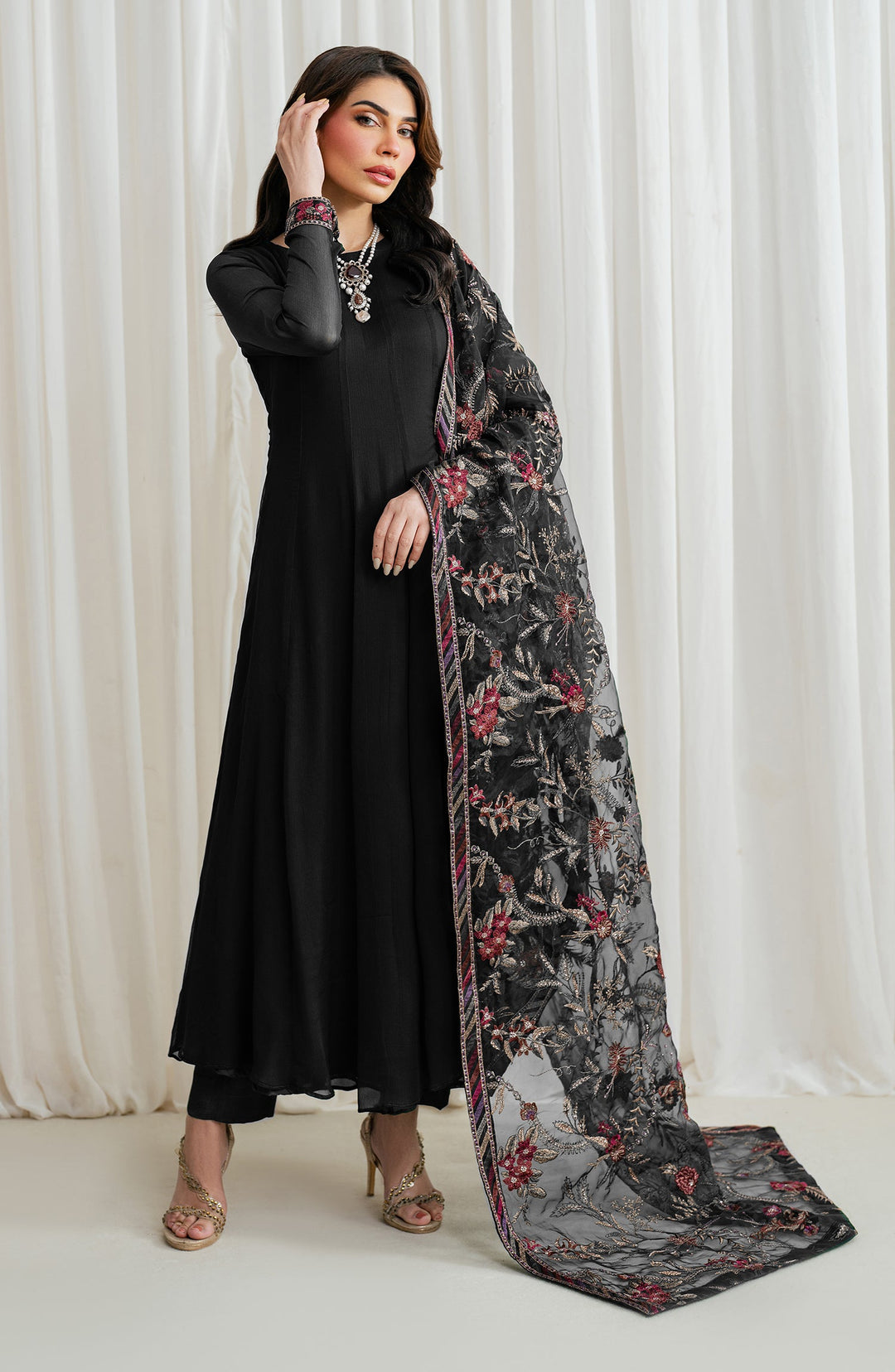 Elegant Embroidered Chiffon Frock with Trouser & Dupatta