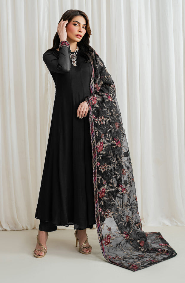 Elegant Embroidered Chiffon Frock with Trouser & Dupatta