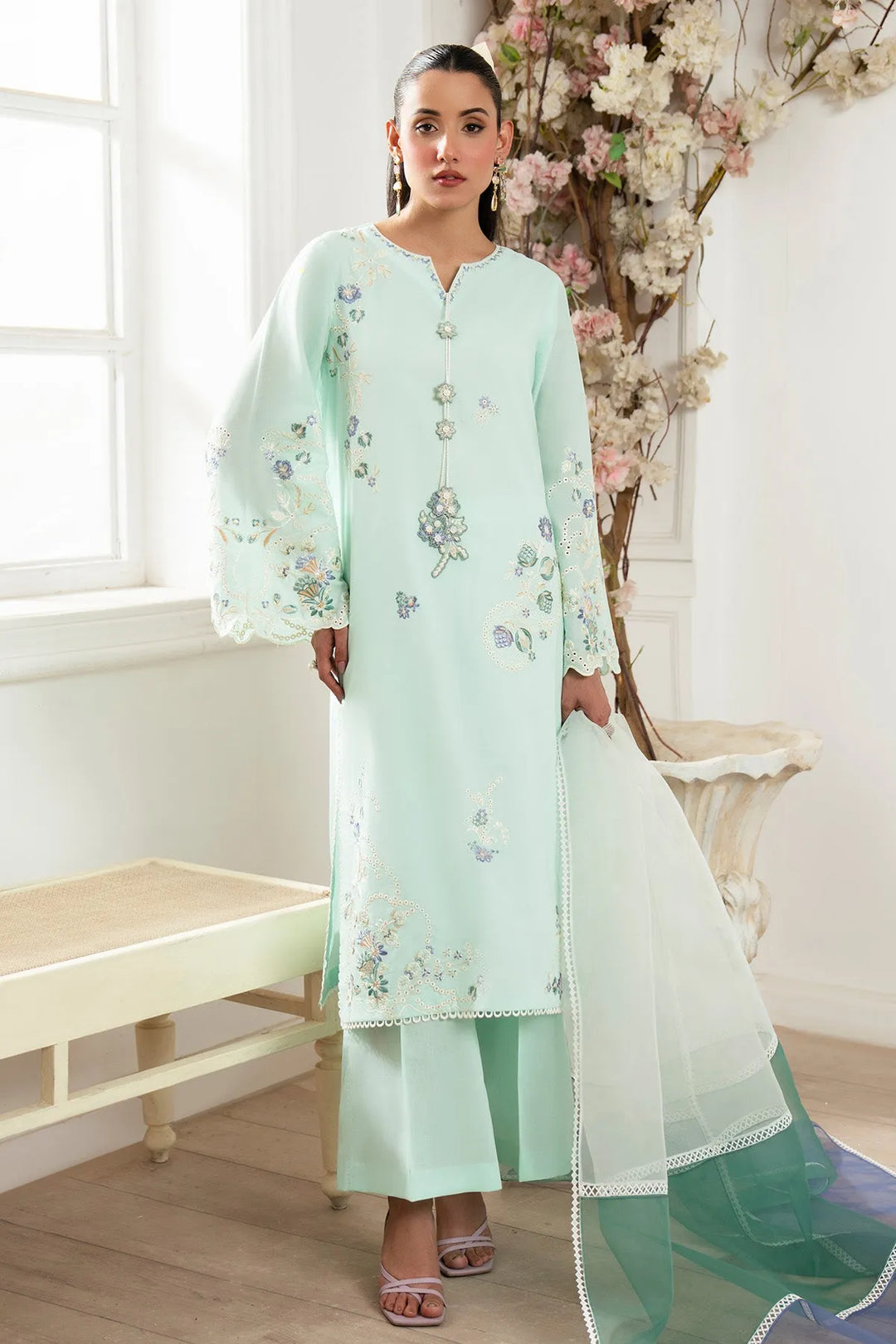 Embroidered Cotton Shirt And Trouser Set With Dupatta 3A36