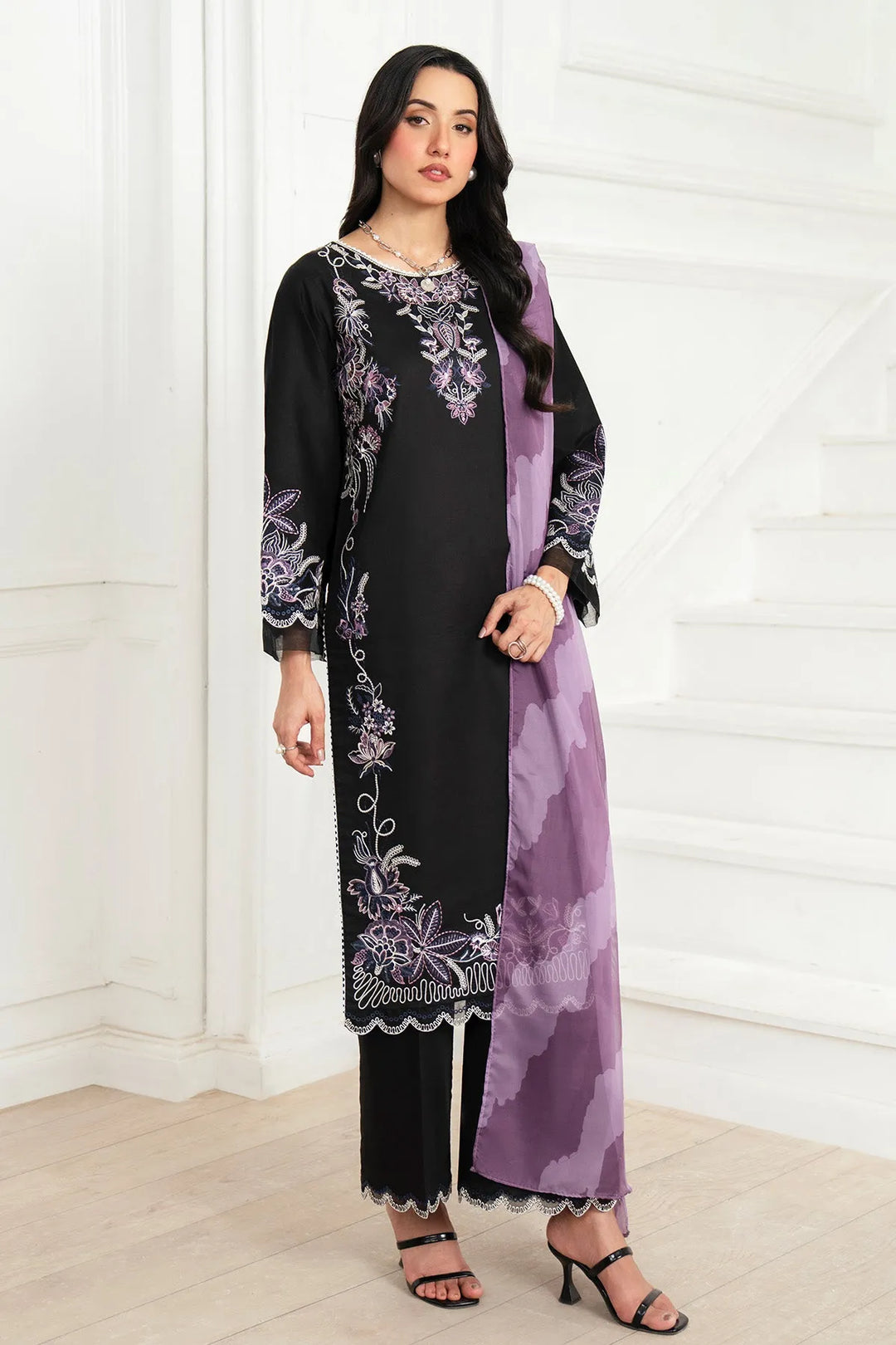 Embroidered Cotton Shirt And Trouser Set With Dupatta