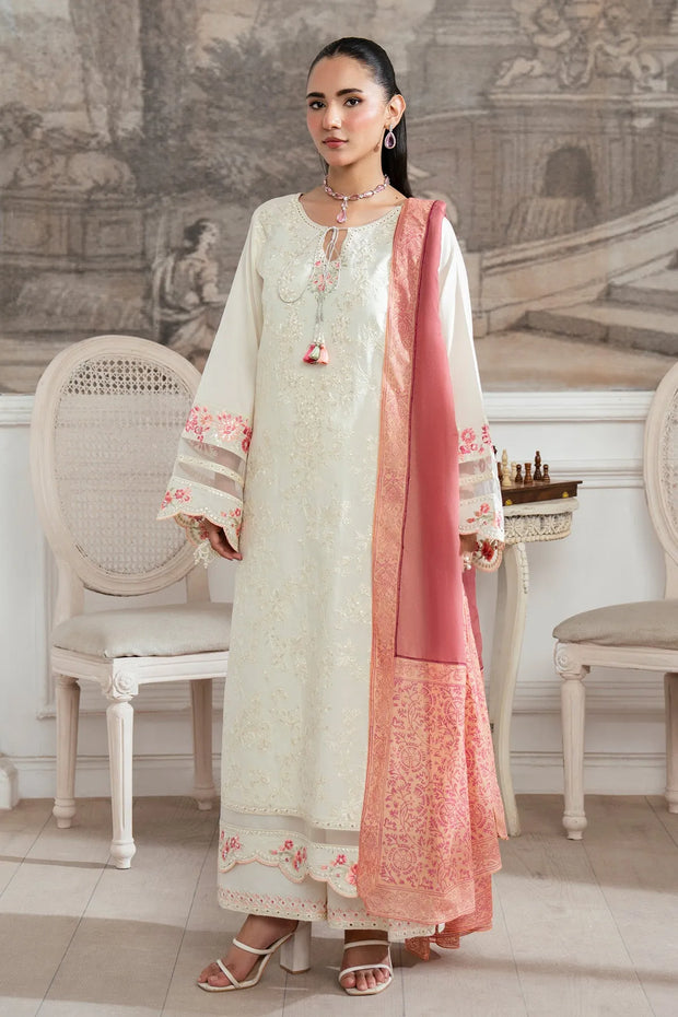 Embroidered Cotton Shirt And Trouser Set With Shawl
