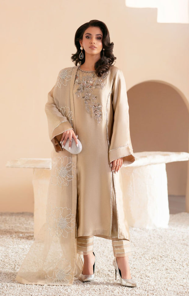 Ethereal Beige Gold Pakistani Party Dress for Elegance