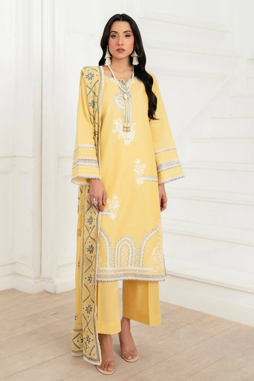 Embroidered Cotton Dress Set With Shawl