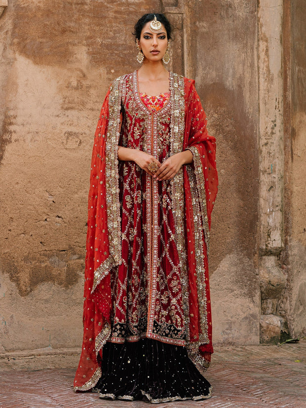 Pakistani Wedding Dress with Velvet Lehenga and Dupatta