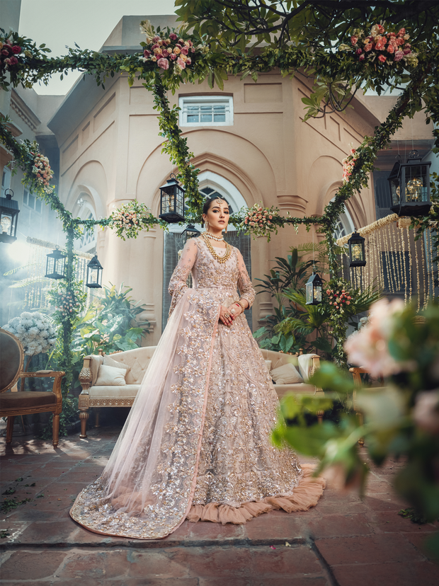 Pakistani Designer Bridal Dress in Golden and Peach Net