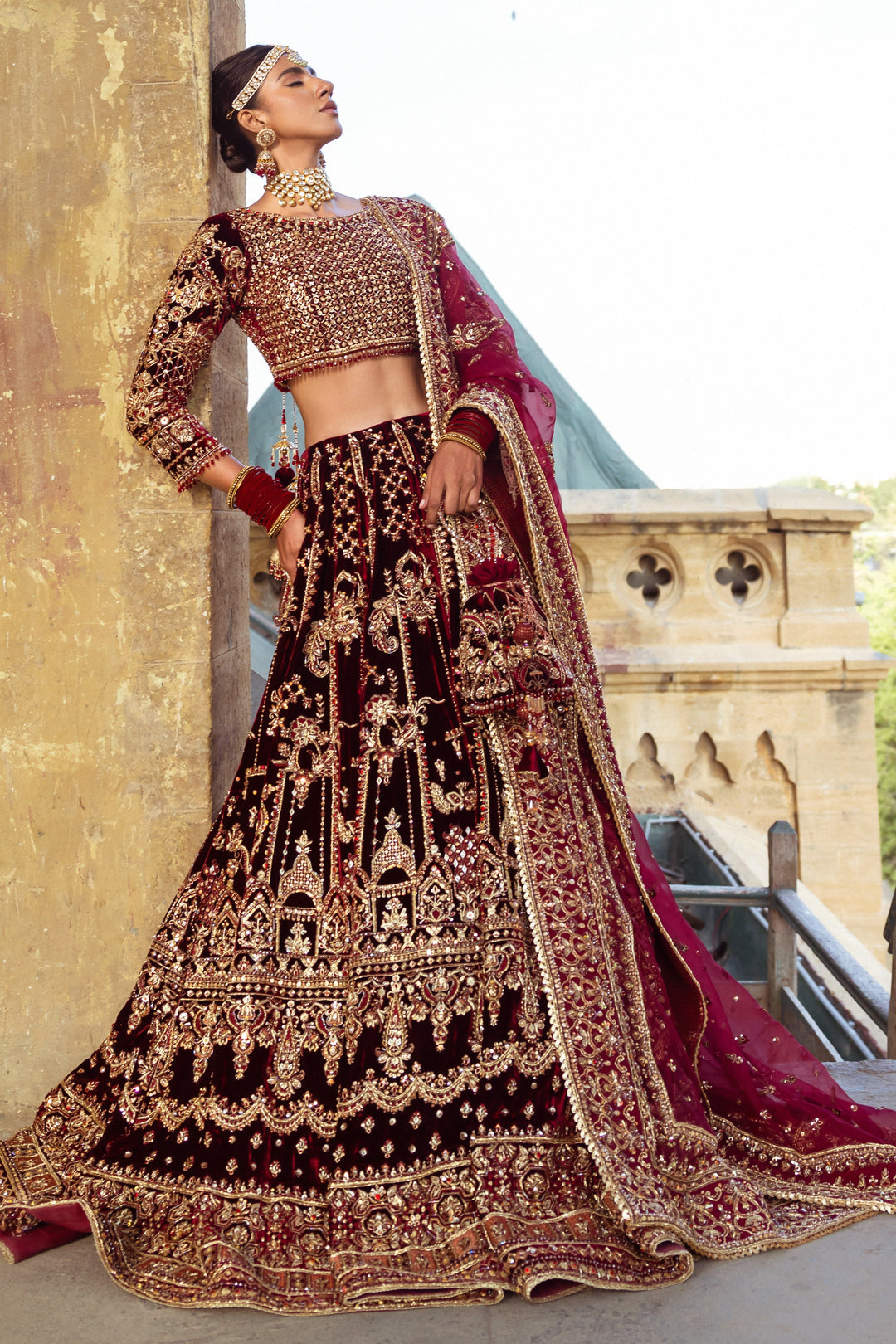 Majestic Dark Maroon Pakistani Bridal Dress with Heavy Embellishm