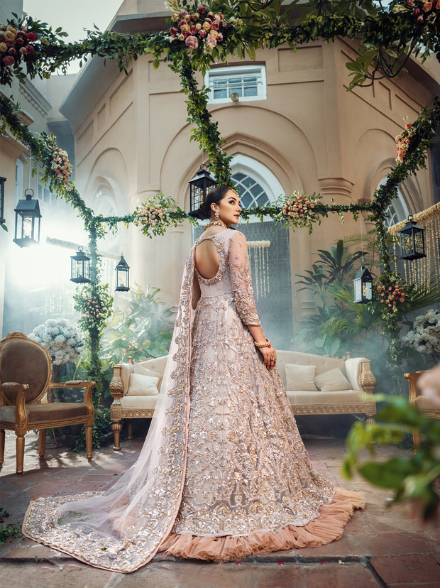 Pakistani Bridal Dress in Golden Net with Peach Accents