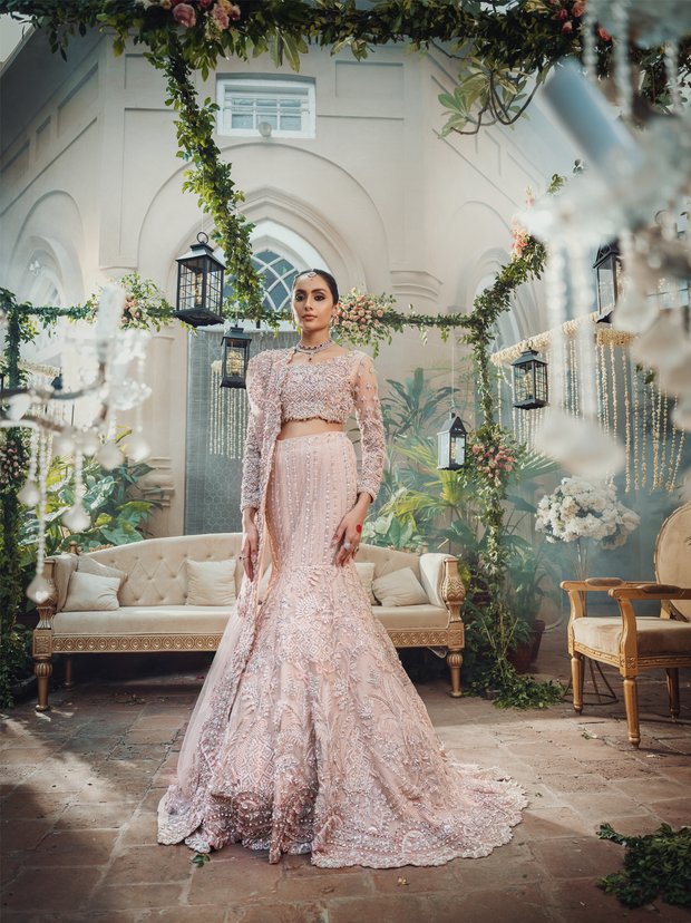Peach Pink Pakistani Bridal Dress with Swarovski Crystals
