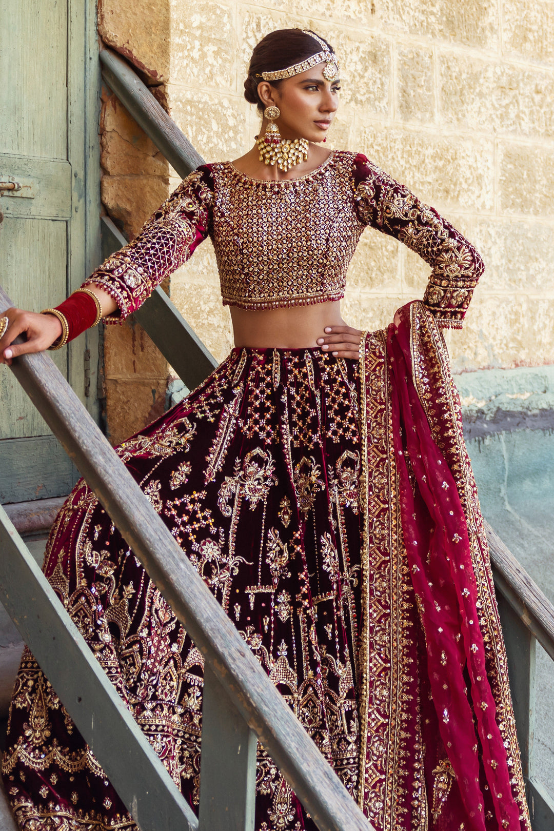 Majestic Dark Maroon Pakistani Bridal Dress with Heavy Embellishm