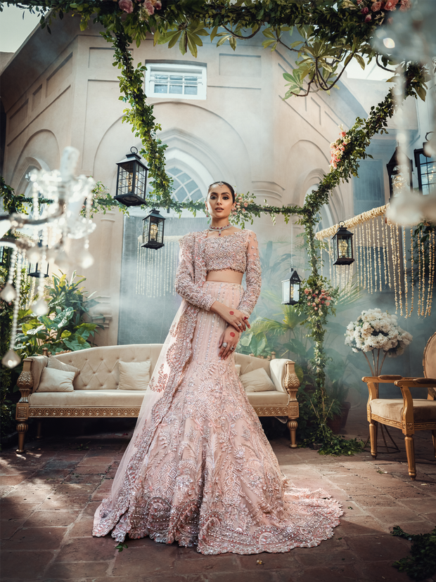 Peach Pink Pakistani Bridal Dress with Swarovski Crystals