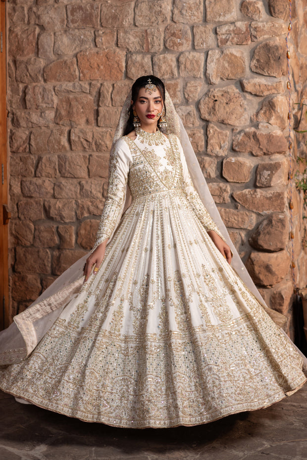 Dove White Pakistani Bridal Dress with Heavy Embellishments