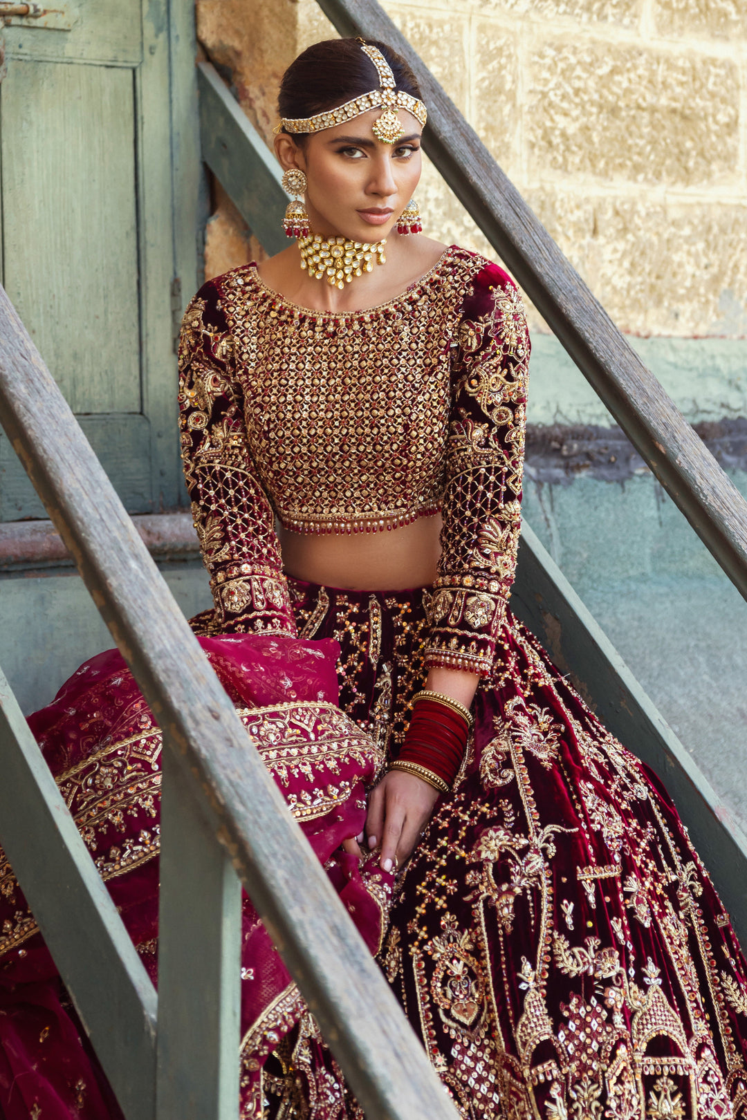 Majestic Dark Maroon Pakistani Bridal Dress with Heavy Embellishm