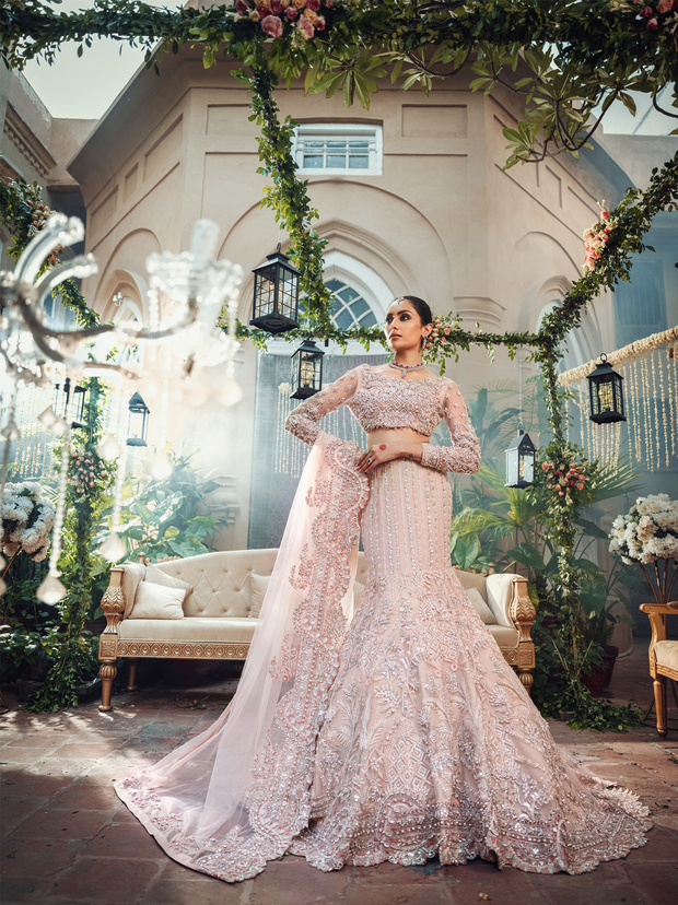 Peach Pink Pakistani Bridal Dress with Swarovski Crystals