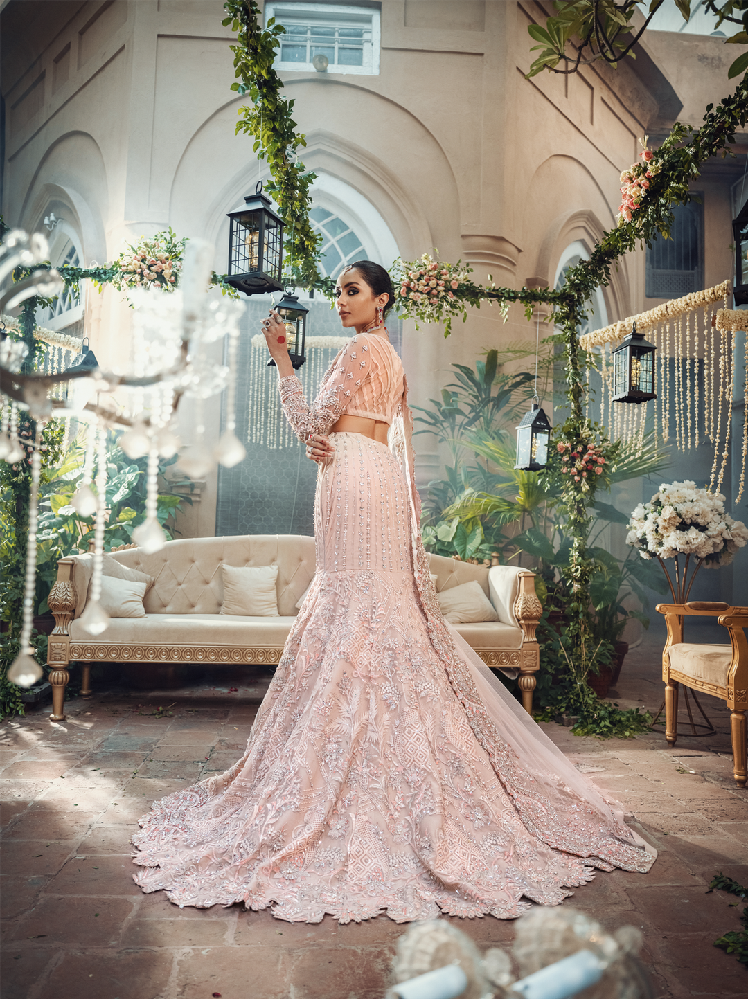 Elegant Peach Pink Pakistani Bridal Dress with Swarovski