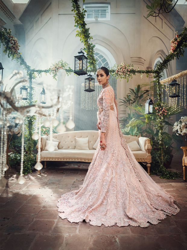 Peach Pink Pakistani Bridal Dress with Swarovski Embellishments