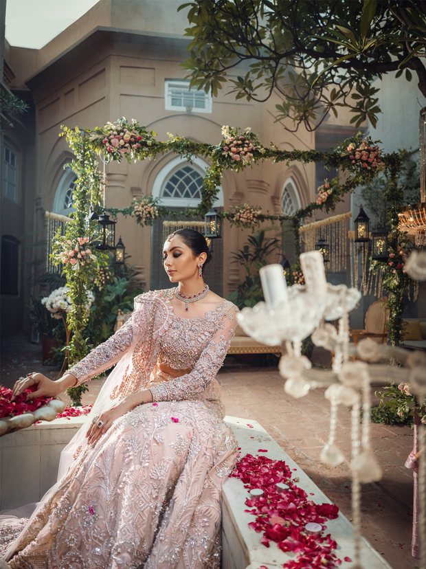 Peach Pink Pakistani Bridal Dress with Swarovski Crystals
