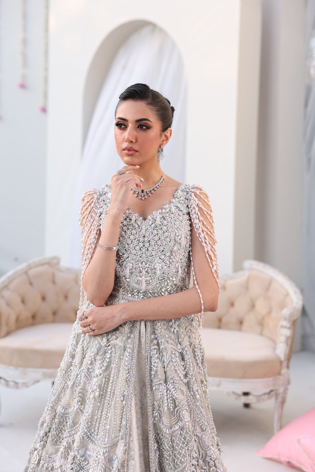 Elegant Silver Pakistani Bridal Dress for Formal Occasions