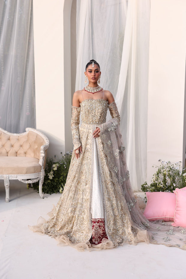 Elegant Champagne Gold Pakistani Bridal Dress Ensemble