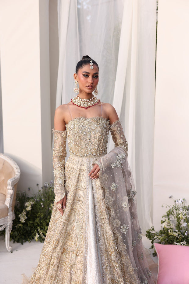Elegant Champagne Gold Pakistani Bridal Dress Ensemble
