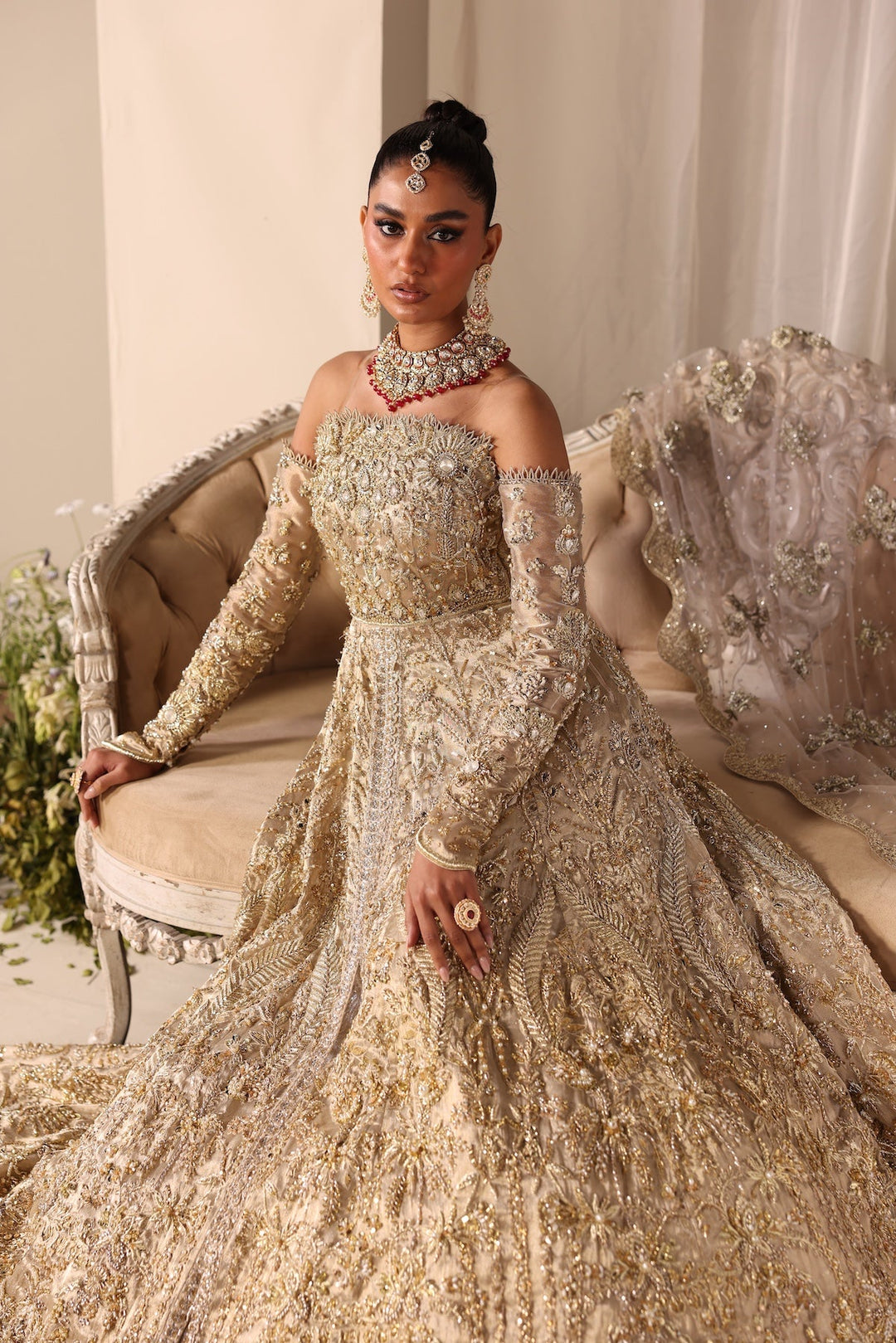 Elegant Champagne Gold Pakistani Bridal Dress Ensemble
