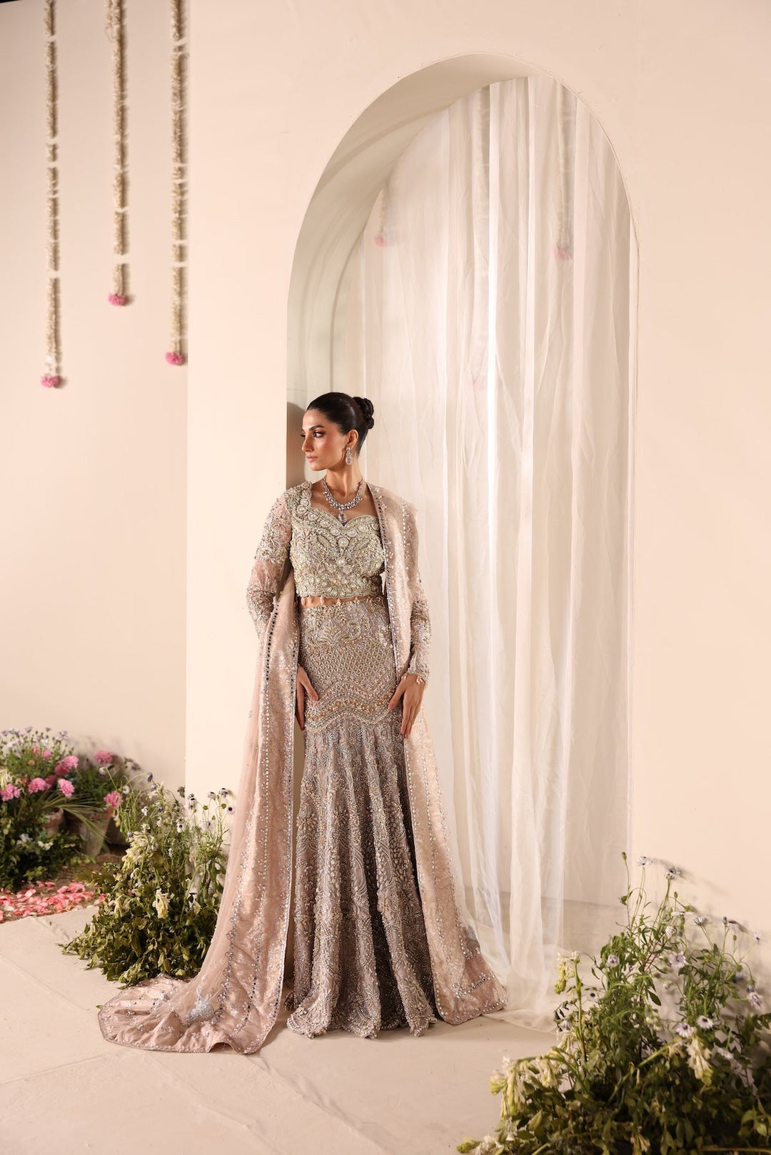 Elegant Soft Beige Pakistani Bridal Outfit with Intricate Embroid