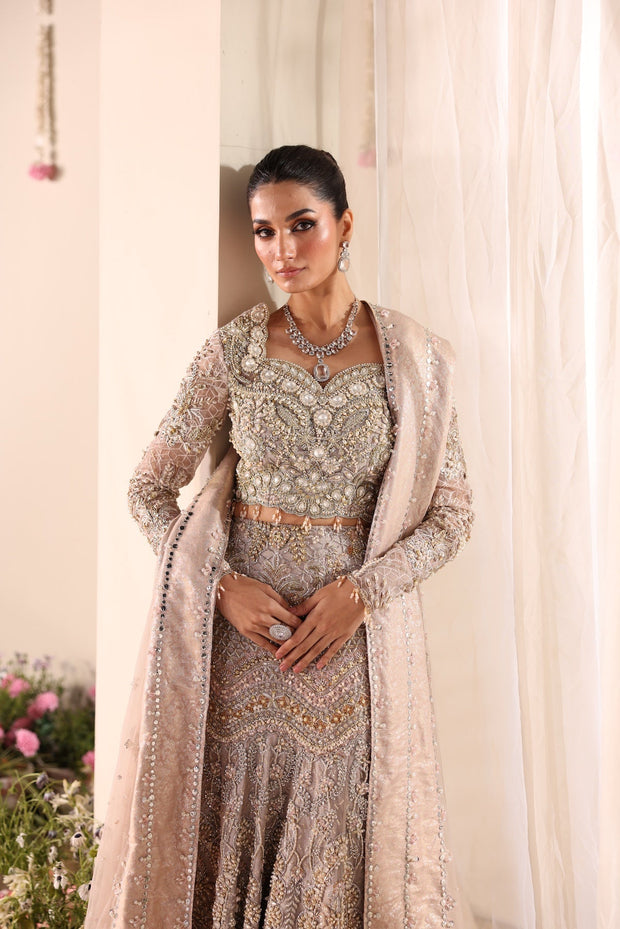 Elegant Soft Beige Pakistani Bridal Dress with Intricate Embroide